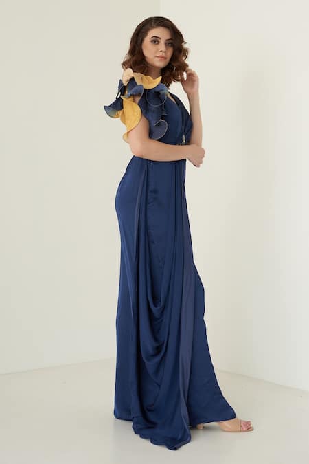 Merge Design_Blue Modal Satin Abstract, Sequin, Stone V Neck Draped Jumpsuit_Online_at_Aza_Fashions