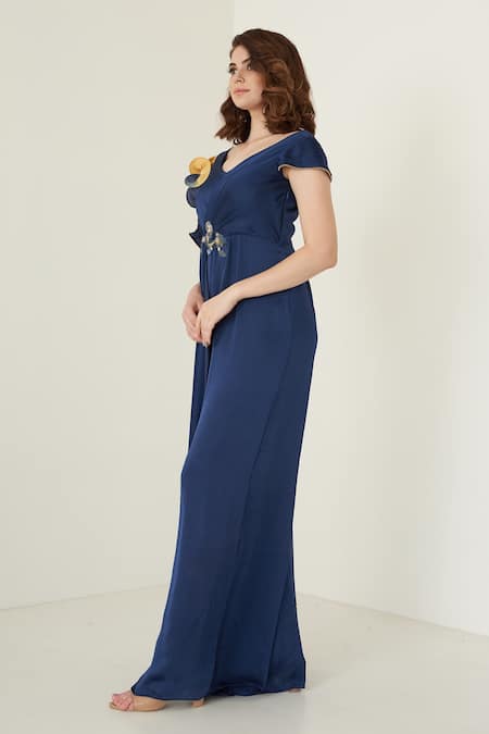 Buy_Merge Design_Blue Modal Satin Abstract, Sequin, Stone V Neck Draped Jumpsuit_Online_at_Aza_Fashions