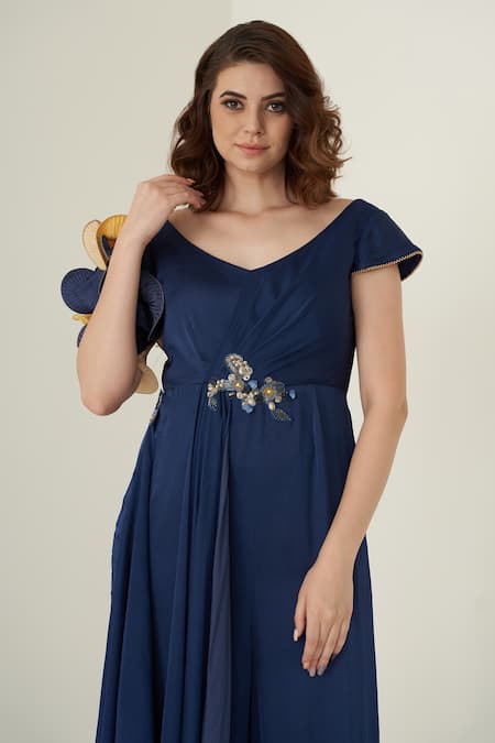 Shop_Merge Design_Blue Modal Satin Abstract, Sequin, Stone V Neck Draped Jumpsuit_Online_at_Aza_Fashions