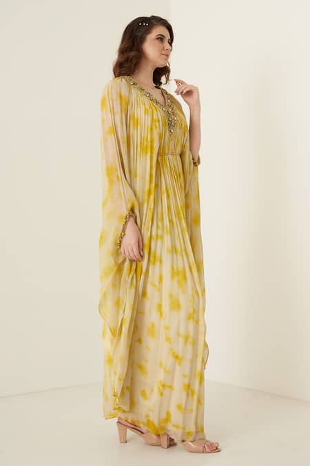 Buy Merge Design Yellow Inner Crepe, Kaftan Chiffon Sequin, Stone V Neck Tie Dye Online at Aza Fashions Buy_Merge Design_Yellow Inner Crepe, Kaftan Chiffon Sequin, Stone V Neck Tie Dye _Online_at_Aza_Fashions