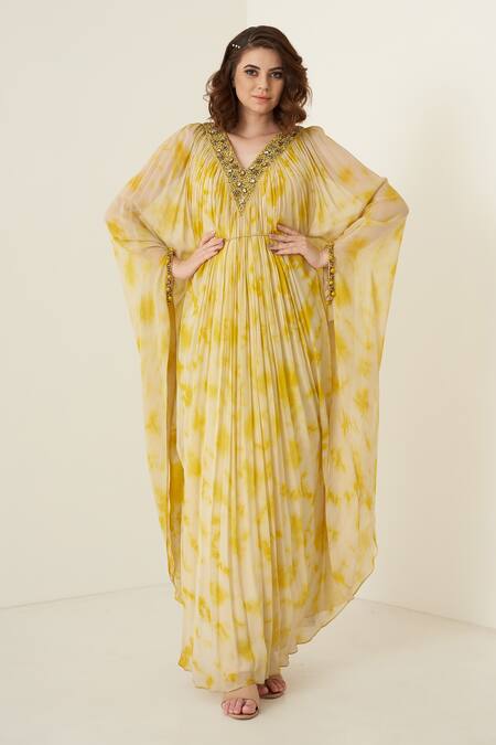 Shop Merge Design Yellow Inner Crepe, Kaftan Chiffon Sequin, Stone V Neck Tie Dye Online at Aza Fashions Shop_Merge Design_Yellow Inner Crepe, Kaftan Chiffon Sequin, Stone V Neck Tie Dye _Online_at_Aza_Fashions