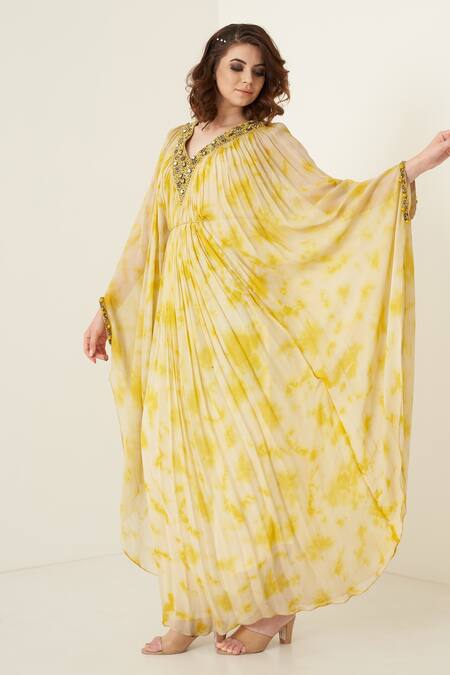 Merge Design Yellow Inner Crepe, Kaftan Chiffon Sequin, Stone V Neck Tie Dye at Aza Fashions Merge Design_Yellow Inner Crepe, Kaftan Chiffon Sequin, Stone V Neck Tie Dye _at_Aza_Fashions