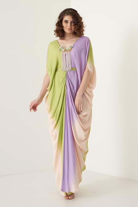 Green Velvet Barsso Floral Design Kaftan Dress - Lcouture Designs