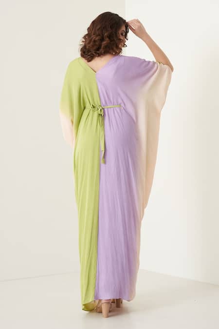 Shop Merge Design Multi Color Modal Satin Floral, Stone, Shell V Neck Ombre Kaftan at Aza Fashions Shop_Merge Design_Multi Color Modal Satin Floral, Stone, Shell V Neck Ombre Kaftan _at_Aza_Fashions