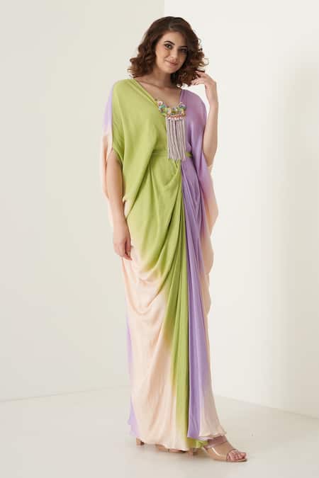 Merge Design Multi Color Modal Satin Floral, Stone, Shell V Neck Ombre Kaftan Online at Aza Fashions Merge Design_Multi Color Modal Satin Floral, Stone, Shell V Neck Ombre Kaftan _Online_at_Aza_Fashions