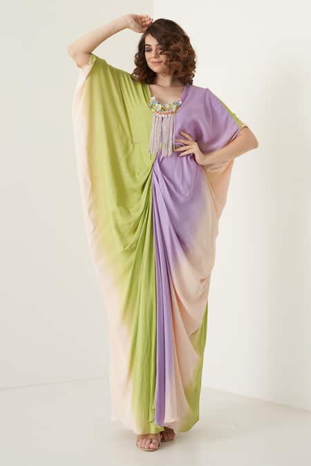 Buy Merge Design Multi Color Modal Satin Floral, Stone, Shell V Neck Ombre Kaftan Online at Aza Fashions Buy_Merge Design_Multi Color Modal Satin Floral, Stone, Shell V Neck Ombre Kaftan _Online_at_Aza_Fashions