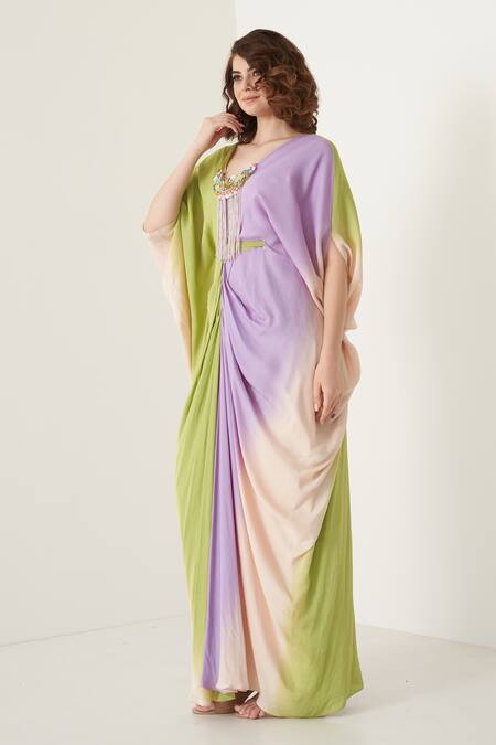 Shop Merge Design Multi Color Modal Satin Floral, Stone, Shell V Neck Ombre Kaftan Online at Aza Fashions Shop_Merge Design_Multi Color Modal Satin Floral, Stone, Shell V Neck Ombre Kaftan _Online_at_Aza_Fashions