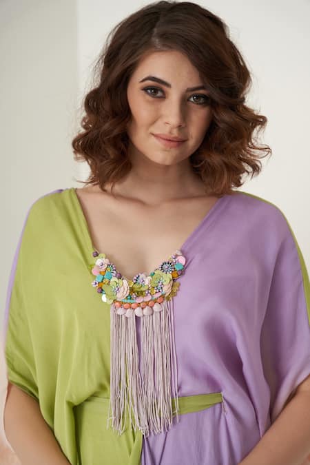 Merge Design Multi Color Modal Satin Floral, Stone, Shell V Neck Ombre Kaftan at Aza Fashions Merge Design_Multi Color Modal Satin Floral, Stone, Shell V Neck Ombre Kaftan _at_Aza_Fashions