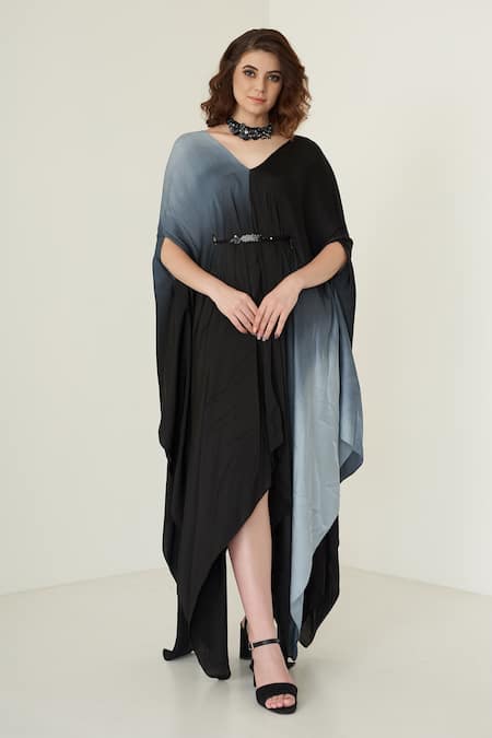 Buy Merge Design Black Modal Satin Plain V Neck Colorblock Kaftan at Aza Fashions Buy_Merge Design_Black Modal Satin Plain V Neck Colorblock Kaftan _at_Aza_Fashions