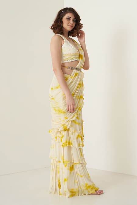 Merge Design_Yellow Pearl, Shell Leaf Neck Tie Dye Pre-draped Saree With Blouse _Online_at_Aza_Fashions