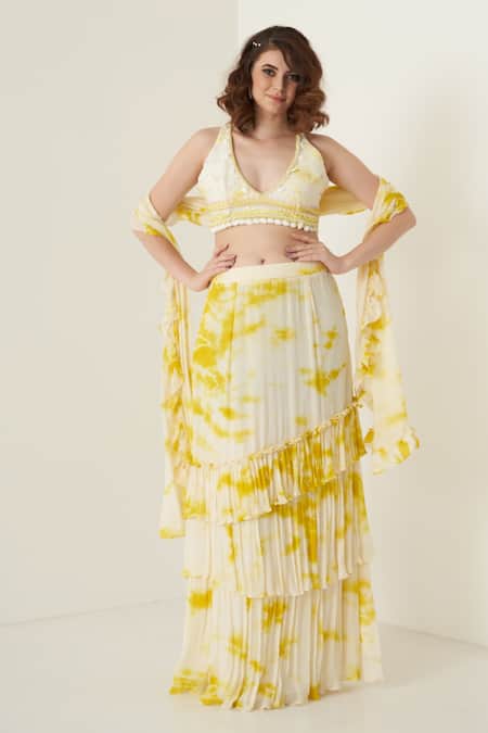 Buy_Merge Design_Yellow Pearl, Shell Leaf Neck Tie Dye Pre-draped Saree With Blouse _Online_at_Aza_Fashions