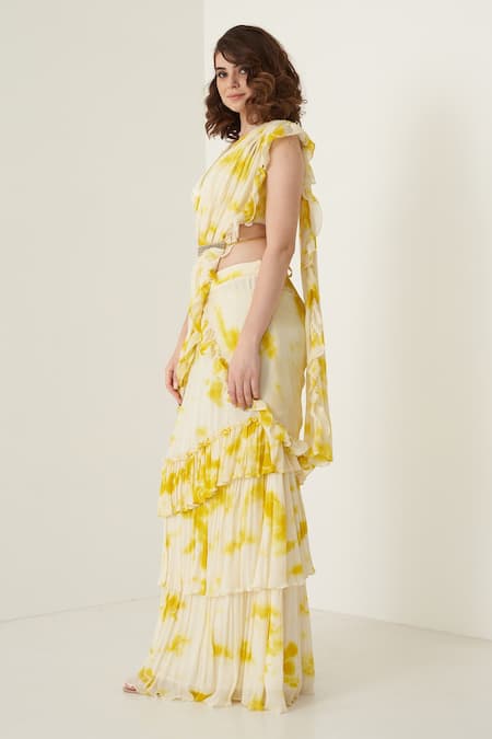Shop_Merge Design_Yellow Pearl, Shell Leaf Neck Tie Dye Pre-draped Saree With Blouse _Online_at_Aza_Fashions