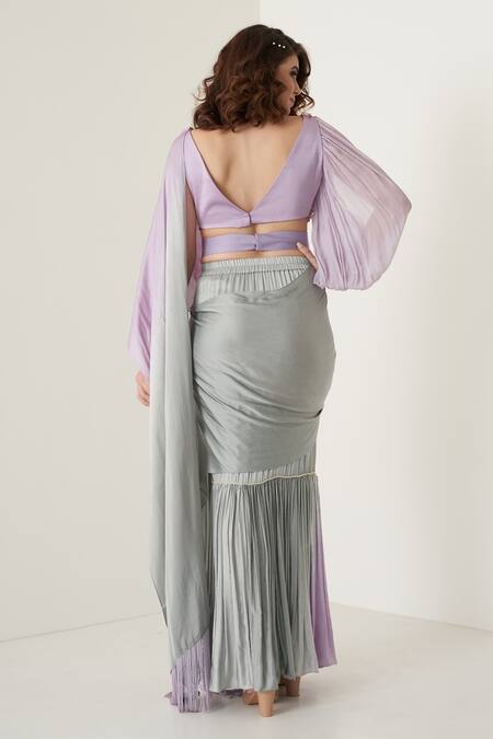 Shop Merge Design Purple Plain Round Tie Dye Pre-draped Saree With Blouse at Aza Fashions Shop_Merge Design_Purple Plain Round Tie Dye Pre-draped Saree With Blouse _at_Aza_Fashions