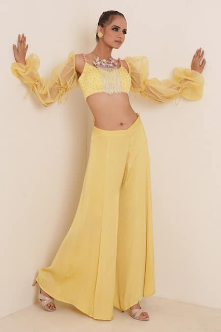 Merge Design Yellow Lining Crepe, Sleeves Organza, Top And Pant Embroidered Flared Set 
