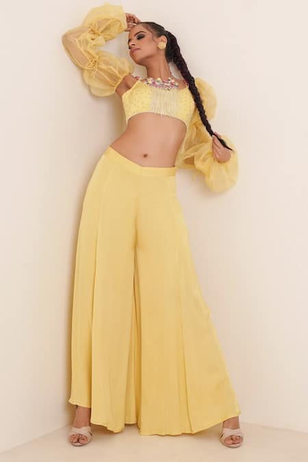 Merge Design Yellow Lining Crepe, Sleeves Organza, Top And Pant Embroidered Flared Set Online at Aza Fashions Merge Design_Yellow Lining Crepe, Sleeves Organza, Top And Pant Embroidered Flared Set _Online_at_Aza_Fashions