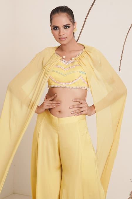 Shop Merge Design Yellow Lining Crepe, Sleeves Organza, Top And Pant Embroidered Flared Set Online at Aza Fashions Shop_Merge Design_Yellow Lining Crepe, Sleeves Organza, Top And Pant Embroidered Flared Set _Online_at_Aza_Fashions