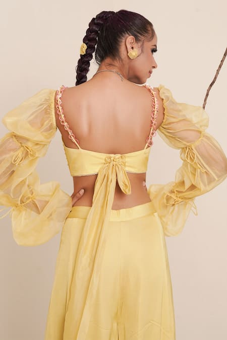 Merge Design Yellow Lining Crepe, Sleeves Organza, Top And Pant Embroidered Flared Set at Aza Fashions Merge Design_Yellow Lining Crepe, Sleeves Organza, Top And Pant Embroidered Flared Set _at_Aza_Fashions