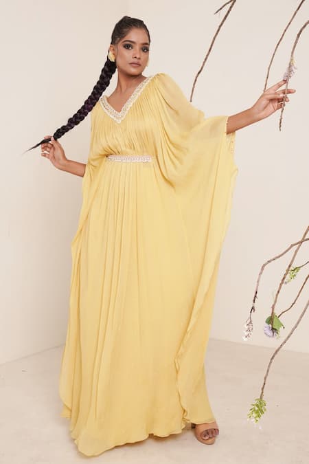 Merge Design Yellow Chiffon, Lining Crepe Mirror Work, Pearls, Sequin, Embroidered Kaftan