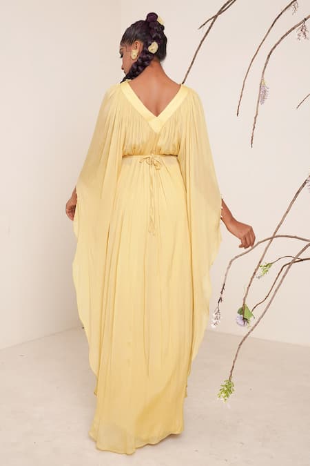 Shop Merge Design Yellow Chiffon, Lining Crepe Mirror Work, Pearls, Sequin, Embroidered Kaftan at Aza Fashions Shop_Merge Design_Yellow Chiffon, Lining Crepe Mirror Work, Pearls, Sequin, Embroidered Kaftan _at_Aza_Fashions