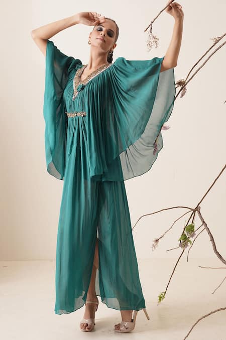 Merge Design_Green Chiffon, Lining Crepe Pearls, Sequins, Cut Beads, Embroidered Kaftan_Online_at_Aza_Fashions