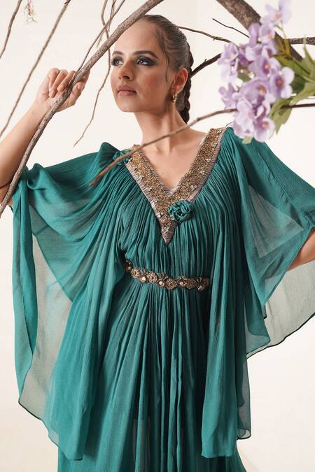 Buy_Merge Design_Green Chiffon, Lining Crepe Pearls, Sequins, Cut Beads, Embroidered Kaftan_Online_at_Aza_Fashions