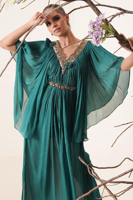 Shop_Merge Design_Green Chiffon, Lining Crepe Pearls, Sequins, Cut Beads, Embroidered Kaftan_Online_at_Aza_Fashions