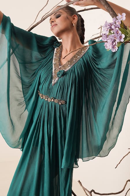 Merge Design_Green Chiffon, Lining Crepe Pearls, Sequins, Cut Beads, Embroidered Kaftan_at_Aza_Fashions