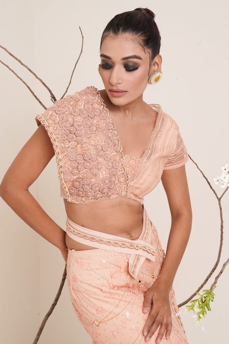 Buy_Merge Design_Peach Blouse , Lehenga And Modal Satin, Lining Embroidered Fish Cut Set_Online_at_Aza_Fashions