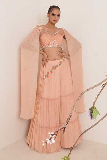 Merge Design_Peach Blouse Net, Lehenga And Sleeves Chiffon, Lining Crepe Draped & Set _Online_at_Aza_Fashions