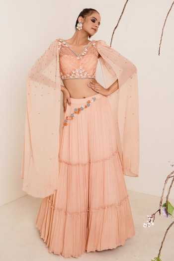 Buy_Merge Design_Peach Blouse Net, Lehenga And Sleeves Chiffon, Lining Crepe Draped & Set _Online_at_Aza_Fashions