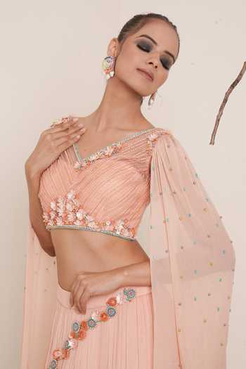 Shop_Merge Design_Peach Blouse Net, Lehenga And Sleeves Chiffon, Lining Crepe Draped & Set _Online_at_Aza_Fashions