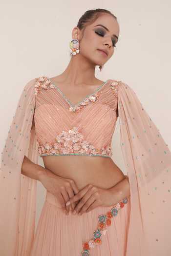 Merge Design_Peach Blouse Net, Lehenga And Sleeves Chiffon, Lining Crepe Draped & Set _at_Aza_Fashions