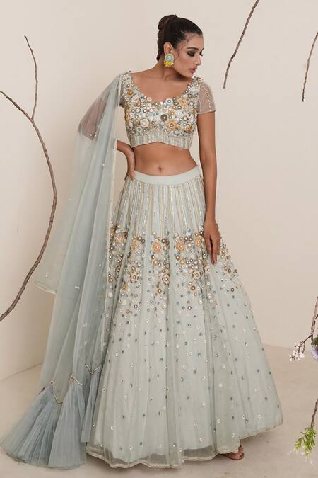 Merge Design Blue Blouse Net, Lehenga And Dupatta Organza, Lining Floral Embroidered Set Online at Aza Fashions Merge Design_Blue Blouse Net, Lehenga And Dupatta Organza, Lining Floral Embroidered Set_Online_at_Aza_Fashions