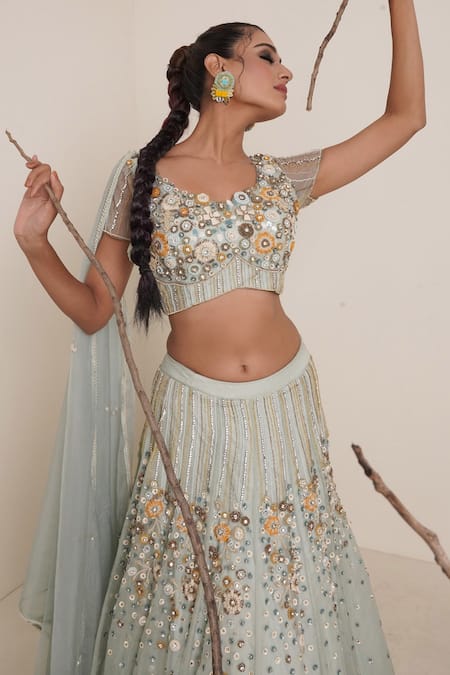 Shop Merge Design Blue Blouse Net, Lehenga And Dupatta Organza, Lining Floral Embroidered Set Online at Aza Fashions Shop_Merge Design_Blue Blouse Net, Lehenga And Dupatta Organza, Lining Floral Embroidered Set_Online_at_Aza_Fashions