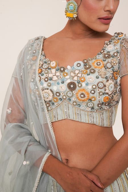 Merge Design Blue Blouse Net, Lehenga And Dupatta Organza, Lining Floral Embroidered Set at Aza Fashions Merge Design_Blue Blouse Net, Lehenga And Dupatta Organza, Lining Floral Embroidered Set_at_Aza_Fashions