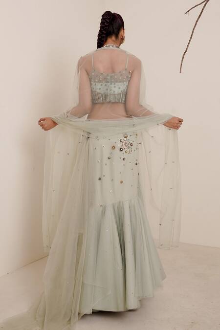 Shop_Merge Design_Blue Blouse And Dupatta , Lehenga & Modal Embroidered Fish Cut Set _at_Aza_Fashions