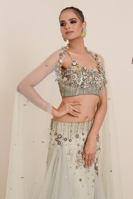Shop_Merge Design_Blue Blouse And Dupatta , Lehenga & Modal Embroidered Fish Cut Set _Online_at_Aza_Fashions