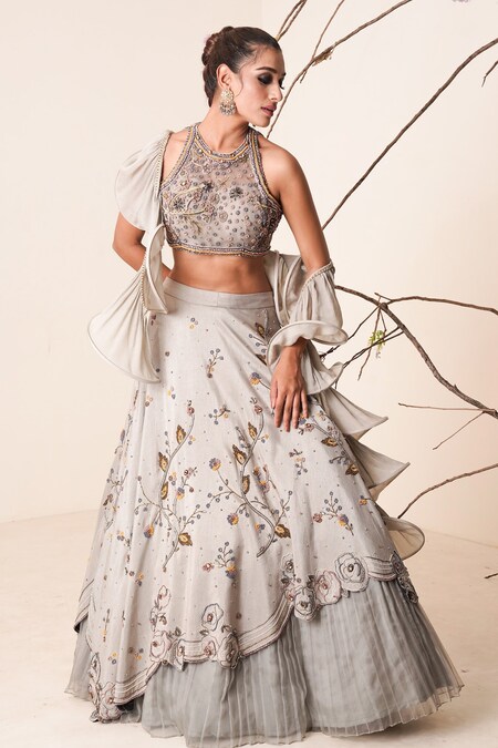 Grey Shine Off Shoulder Ruffled Lehenga Set | Ruffle lehenga, Lehnga dress,  Stylish blouse design