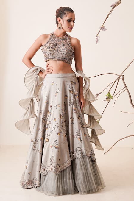 Powder Blue Georgette Unstitched Lehenga Set With Embroidery And  Embellishments at Soch