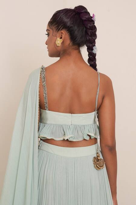 Merge Design_Blue Blouse Modal Satin And Chiffon, Dupatta Chiffon, Lehenga Pleated Set_Online_at_Aza_Fashions