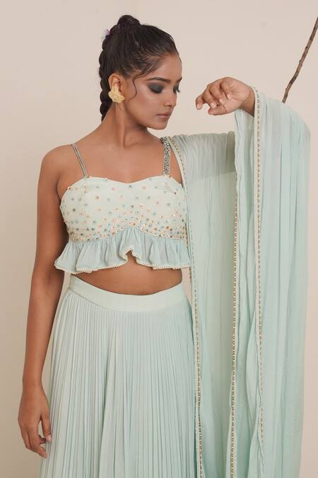 Buy_Merge Design_Blue Blouse Modal Satin And Chiffon, Dupatta Chiffon, Lehenga Pleated Set_Online_at_Aza_Fashions