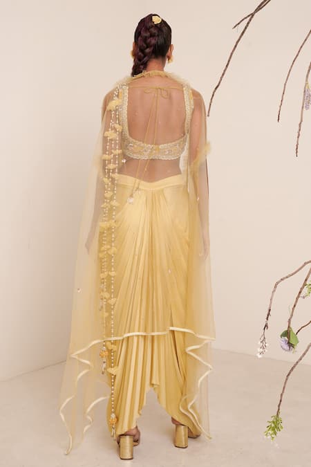Merge Design_Yellow Blouse Net, Lining Crepe, Saree Modal Satin Mirror, Pre-draped With _Online_at_Aza_Fashions
