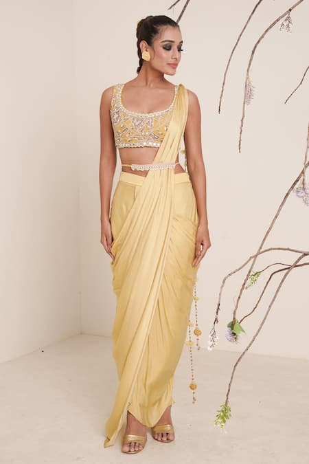 Shop_Merge Design_Yellow Blouse Net, Lining Crepe, Saree Modal Satin Mirror, Pre-draped With _Online_at_Aza_Fashions