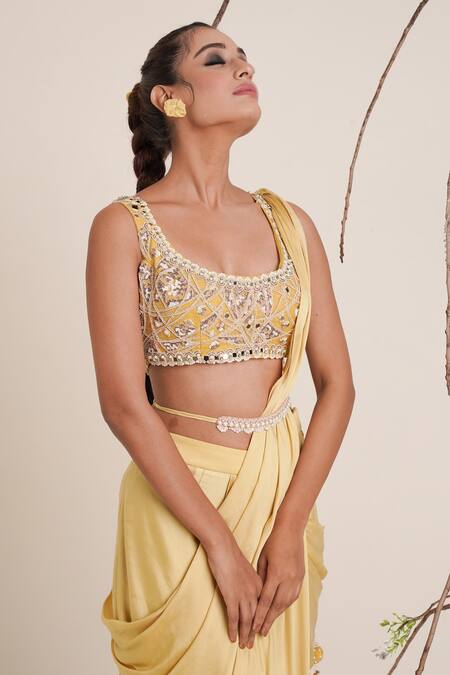 Merge Design_Yellow Blouse Net, Lining Crepe, Saree Modal Satin Mirror, Pre-draped With _at_Aza_Fashions