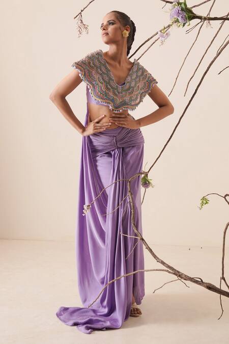 Merge Design_Purple Modal Satin, Lining Crepe Multicolor Pre-draped Saree With Blouse_Online_at_Aza_Fashions