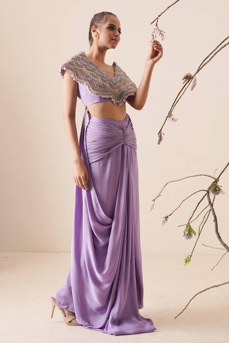 Buy_Merge Design_Purple Modal Satin, Lining Crepe Multicolor Pre-draped Saree With Blouse_Online_at_Aza_Fashions