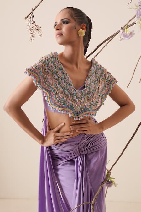 Shop_Merge Design_Purple Modal Satin, Lining Crepe Multicolor Pre-draped Saree With Blouse_Online_at_Aza_Fashions