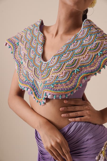 Merge Design_Purple Modal Satin, Lining Crepe Multicolor Pre-draped Saree With Blouse_at_Aza_Fashions