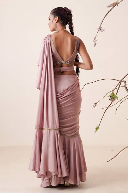 Shop Merge Design Pink Blouse Net, Lining Crepe, Saree Modal Satin Pre-draped Ruffle With at Aza Fashions Shop_Merge Design_Pink Blouse Net, Lining Crepe, Saree Modal Satin Pre-draped Ruffle With _at_Aza_Fashions