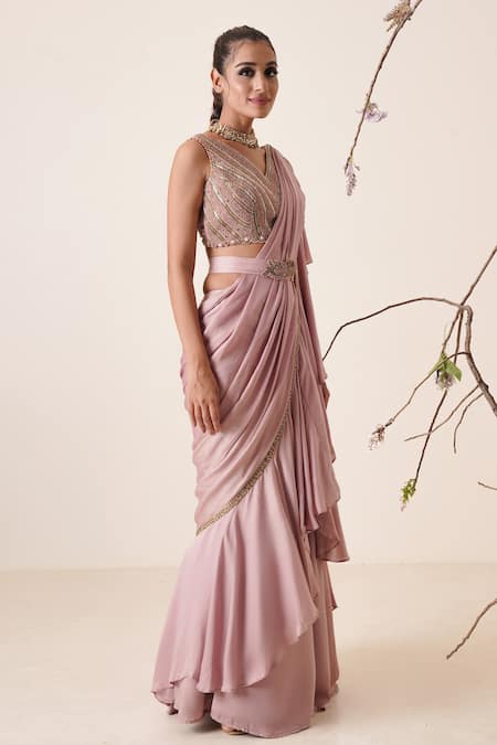 Buy Merge Design Pink Blouse Net, Lining Crepe, Saree Modal Satin Pre-draped Ruffle With Online at Aza Fashions Buy_Merge Design_Pink Blouse Net, Lining Crepe, Saree Modal Satin Pre-draped Ruffle With _Online_at_Aza_Fashions